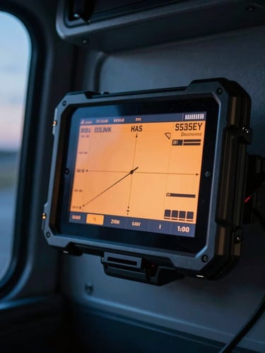 Close-up of a rugged tablet mounted in a truck cabin at dusk, cool blue interior lighting with warm orange screen telemetry visible, professional industrial tech photography