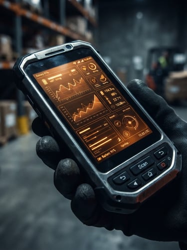 Macro shot of a rugged Android handheld device screen in a low-light warehouse, sharp focus on a crisp telemetry UI, high-contrast side-lighting, cool metallic tones with warm orange screen glow