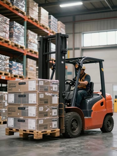Close environmental shot of a forklift operator moving a pallet of boxed equipment inside a tall warehouse, shelves of inventory visible in the background, honest warehouse fluorescent and window light, wide framing showing operational depth