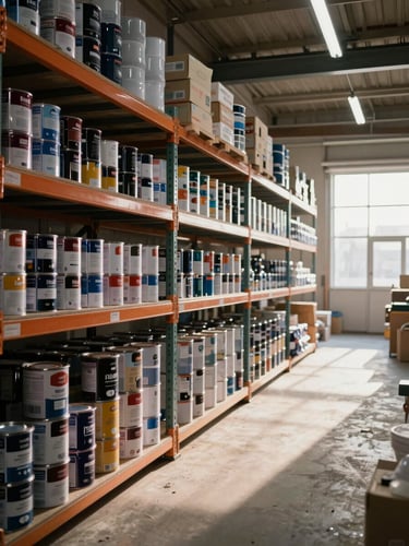 Wide warehouse interior shot from the left side, natural window light streaming in from the right, deep rows of stacked paint cans and construction material on heavy-duty shelving receding into the background, warm concrete floor, honest worksite feel, no people
