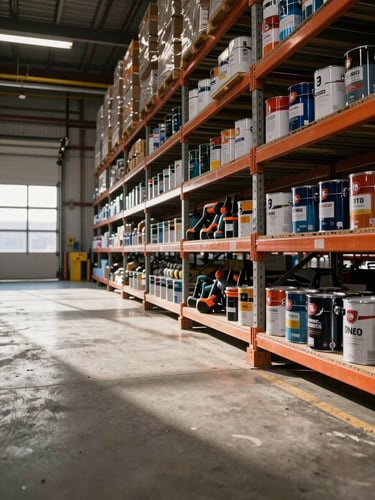 Wide warehouse aisle photographed from low angle, shelves stacked floor-to-ceiling with paint cans and power tools on the right third, natural side-light from loading-dock doors casting long shadows across concrete floor, generous negative space in the left foreground