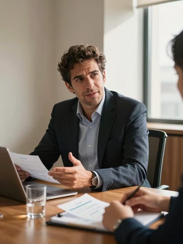Unposed environmental portrait of Fernando Carmona in a warm side-lit boardroom, discussing operational metrics with a client, deep perspective, natural light.
