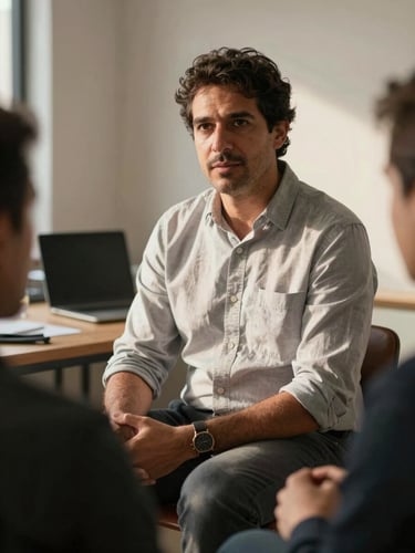 Wide environmental portrait of executive Fernando Carmona in an unposed active working session, warm side-lighting, high-contrast natural light, professional consulting context.