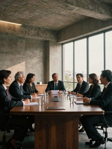 Wide environmental portrait of an executive boardroom in Monterrey, warm side-lighting through large windows, concrete architectural textures, deep perspective.