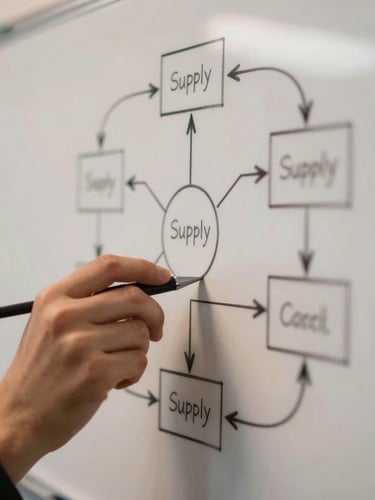 Close-up macro detail of hand-sketched strategic supply chain diagrams on a whiteboard, warm side-lighting, shallow depth of field.