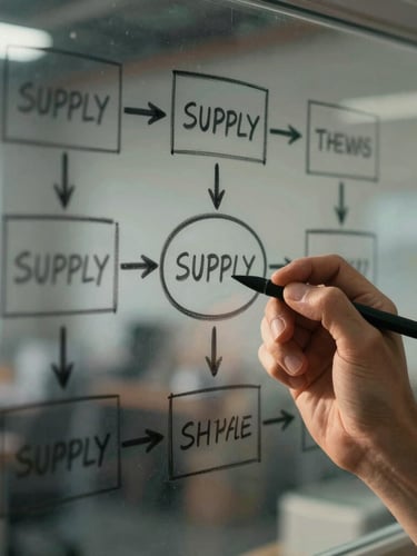 Tight macro shot of a hand-sketched supply chain diagram on a glass whiteboard, warm side-lighting catching the ink lines, blurred industrial background.