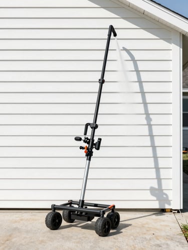 Bright outdoor photography, direct midday sunlight, a clean professional power washing rig parked in a suburban driveway, high-contrast clean vinyl siding, sharp focus, 35mm