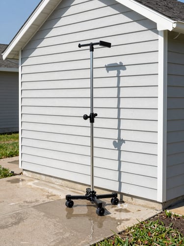 Bright outdoor photography, direct midday sunlight, high-contrast clean surfaces, sharp focus. A professional washing rig parked in a clean suburban driveway, water beading off freshly washed vinyl siding.