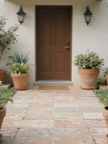 A beautifully restored front garden with clean swept stone path, warm terracotta pots, soft natural daylight, authentic documentary style