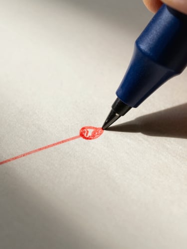 Close-up macro shot of red ink editorial markup on thick cream textured paper, sharp high-contrast side-lighting, deep shadows