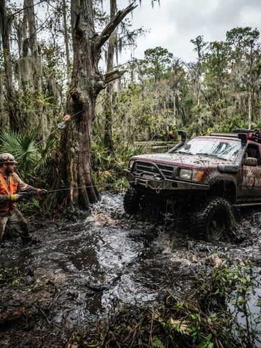 Low-angle dramatic shot of a muddy 4x4 truck being winched from a deep swamp trail, tensioned steel cables, overcast Florida backwoods daylight.