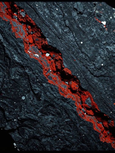 Macro photograph of a deep-cut geological core sample, showing high-contrast mineral strata, moody low-key side lighting, deep slate and iron-ore red tones, 35mm film.