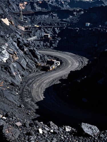 Extreme wide-angle environmental shot of a remote industrial mining site, dramatic side-lighting, deep shadows, 35mm film.