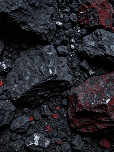 Abstract close-up of raw iron ore texture, dark slate gray and muted red tones, low-key side-lighting, high-contrast texture.