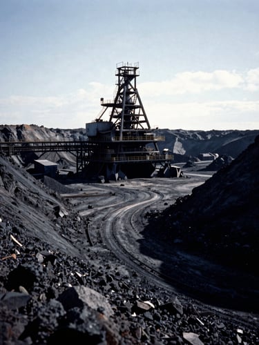 Extreme wide-angle environmental shot of an isolated heavy industrial mining site under cool overcast daylight, dramatic side-lighting, deep shadows, 35mm film.