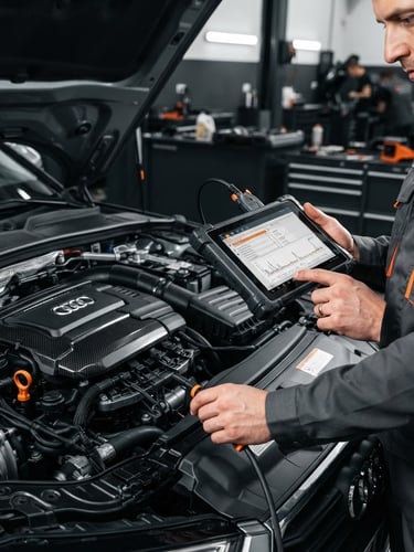 Sharp close-up of a mechanic holding a diagnostic tablet connected to a clean European engine bay, bright high-contrast workshop lighting, safety orange accents
