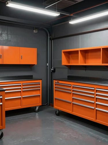 An organized, clean workshop bay in Kasarani with a vehicle hoisted, high-contrast industrial lighting, safety orange tool cabinets visible