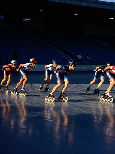 Low-angle shot of elite roller skaters in aerodynamic motion on a polished indoor track, dramatic stadium lighting reflecting off the surface, deep navy tones, sharp focus, 35mm