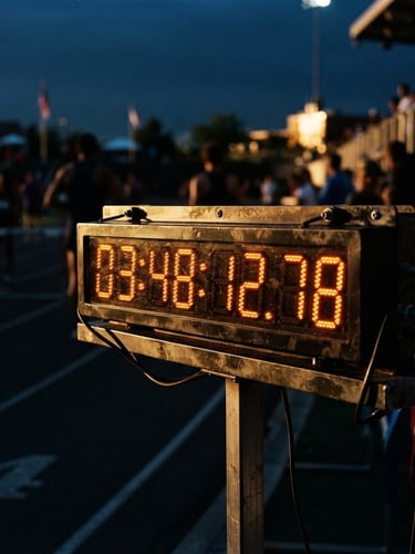 Dramatic close-up of a high-precision digital sports timing clock at the finish line of a stadium track, golden-hour rim lighting, deep navy background, sharp focus, 35mm