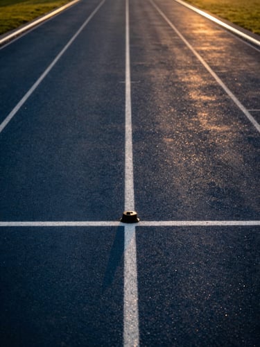 Dramatic close-up of an official athletics track finish line at golden hour, sharp focus on the white line and timing sensors, deep navy track lanes, warm gold sunset rim lighting, 35mm.