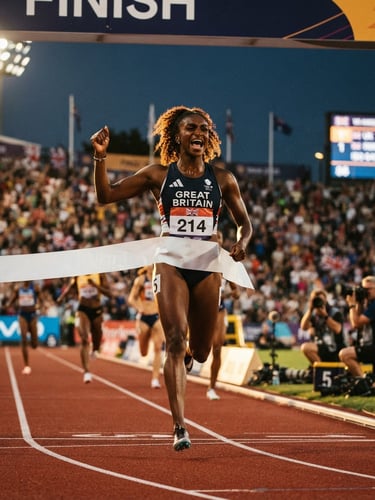 Dramatic sports photography of a winning UK athlete crossing the finish line at golden hour, sharp focus, 35mm, gold rim lighting