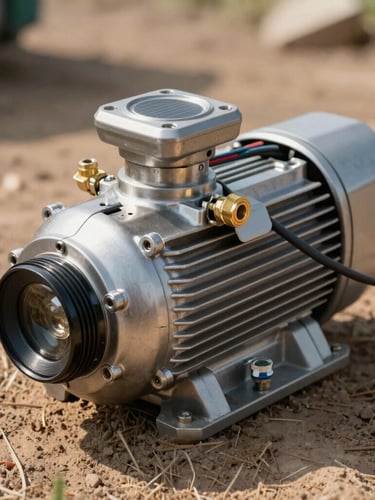 Close-up of a high-power stainless steel solar submersible pump resting on dry earth, heavy-duty wiring and brass fittings visible, bright sunlight.