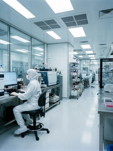 Wide shot of a sterile cleanroom environment with advanced analytical equipment, cool bright lighting, sharp focus, 35mm.