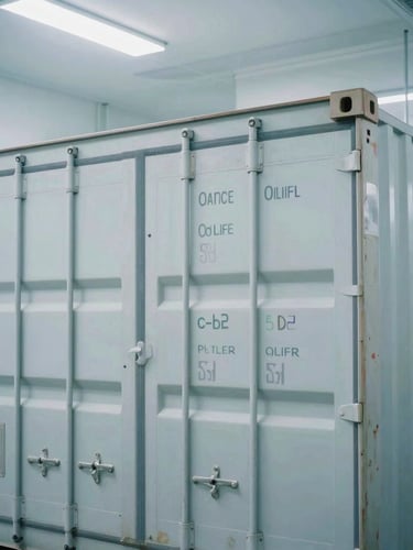 Secure shipping containers in a modern, brightly lit logistics hub, architectural framing, cool tones, 35mm.