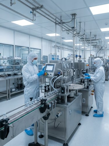 Wide-angle view of a modern pharmaceutical manufacturing facility, cleanroom environment, sterile lighting, sharp focus, 35mm.