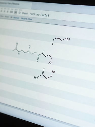 Close-up macro shot of a detailed analytical readout on a laboratory screen, showing chemical compound data, cool bright lighting, sharp focus, 35mm.