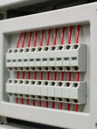 Close-up of a clean, installed fire alarm control panel with neatly routed red wiring, bright neutral daylight, sharp focus on terminal blocks.
