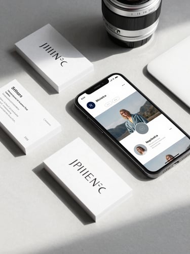 High-angle flat lay of custom printed brand collateral, business cards, and a modern smartphone displaying a matching responsive website interface, bright natural daylight, clean shadows.