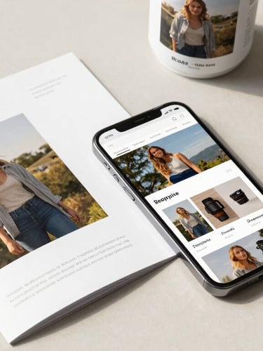High-angle flat lay of custom printed brand brochures, a modern smartphone showing a matching responsive website, and beautifully designed promotional products on a clean slate background, bright natural light.