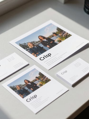Crisp physical printed brochures and business cards laid out in a clean flat-lay on a light gray table, natural morning light, sharp focus.