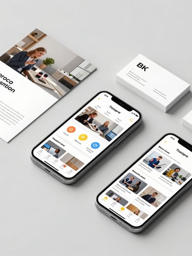 High-angle flat lay of custom designed mobile application screens alongside printed corporate brochures and business cards on a clean light grey surface, bright natural light.