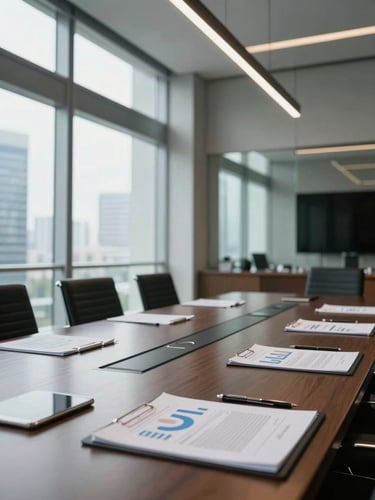 Vertical architectural shot of a structured, modern corporate boardroom in Jakarta, bright natural daylight, cool professional tones, sharp focus on polished table and financial documents.