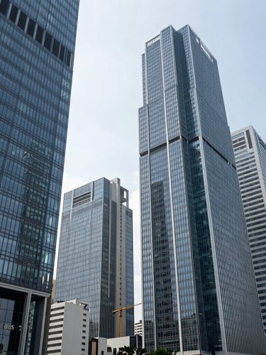 Wide-angle architectural photograph of modern Jakarta high-rises in the Sudirman Central Business District, bright daylight, clean glass facades and sharp structural lines.