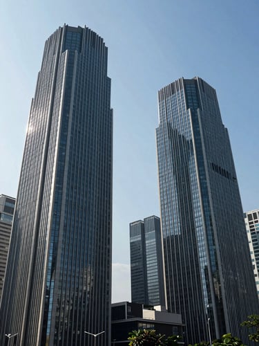 Wide architectural shot of modern Jakarta corporate towers under bright, natural daylight with crisp blue skies and cool professional tones.