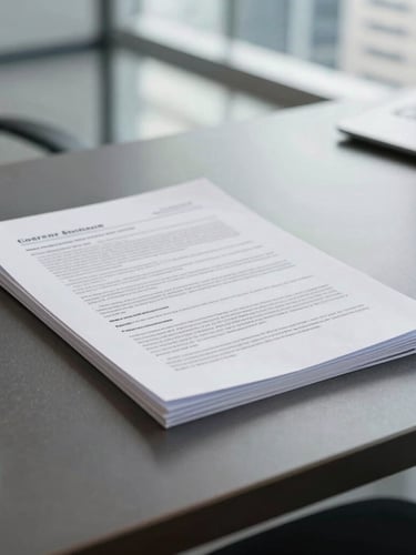 A close-up of physical financial documents on a modern slate desk in a bright, daylight-filled Jakarta office, with structured architectural lines in the background.