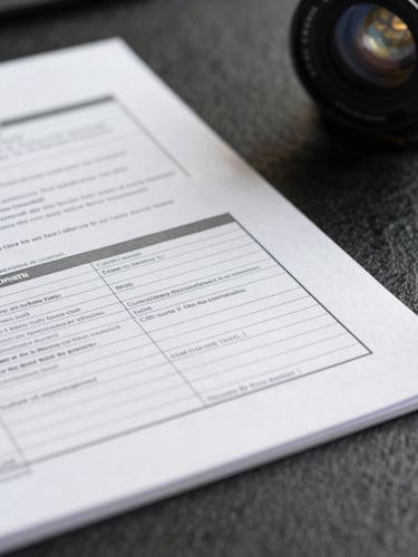 Macro close-up of physical corporate financial documents and tax regulatory filings on a dark slate desk, crisp natural side-light.