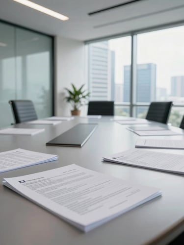 Architectural wide angle of a modern corporate boardroom in Jakarta, natural bright daylight, clean slate gray tones, physical financial documents on a polished table.