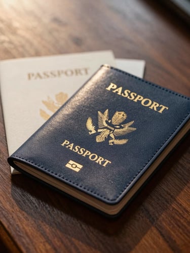 Close-up of a premium leather passport holder and elegant travel documents resting on a dark walnut library table, soft golden hour light, 35mm.