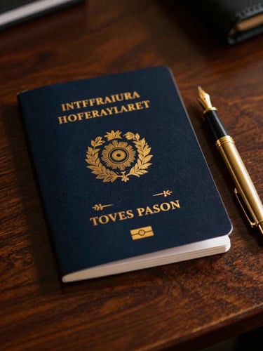 An elegant close-up of travel documents and a gold fountain pen on a dark mahogany desk, warm golden hour light, high contrast, 35mm
