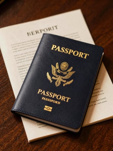 A close-up of a premium leather passport cover and elegant travel documents resting on a dark mahogany desk under warm, focused library lighting, 35mm.