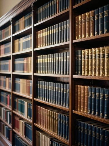 A wide environmental shot of a prestigious university library, soft authoritative lighting, leather-bound books, high contrast, 35mm