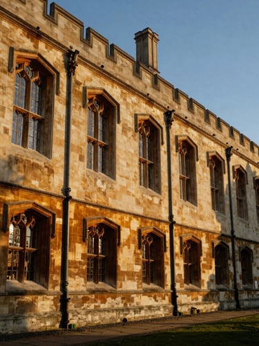 Wide environmental shot of a historic gothic university campus library with warm golden hour light streaming through tall arched windows, 35mm