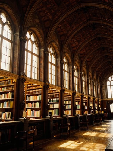A wide environmental shot of a prestigious gothic university campus library with high vaulted ceilings and warm golden hour light streaming through tall arched windows, 35mm