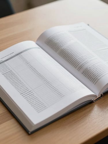 Portrait macro shot of an open academic journal on a clean wooden desk, sharp focus on structured tables and text formatting, bright library daylight, neutral tones