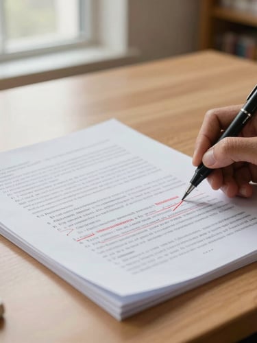 Close-up of a printed academic manuscript with precise red-pen editorial markups on a clean wooden desk, bright library window light.