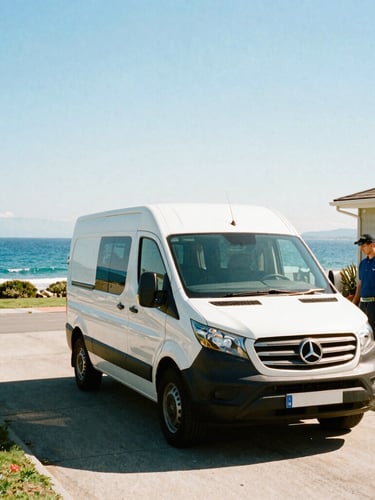 A clean service van parked in a coastal driveway under bright natural sunlight, with a technician carrying tools toward a house